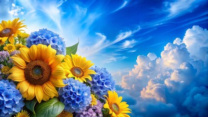 Vibrant Sunflowers And Blue Hydrangeas