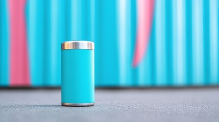 Fototapeta premium Vibrant Blue Trash Can Against a Colorful Urban Background with Pink Artistic Elements Highlighting Modern Street Art Aesthetic and Clean City Environment