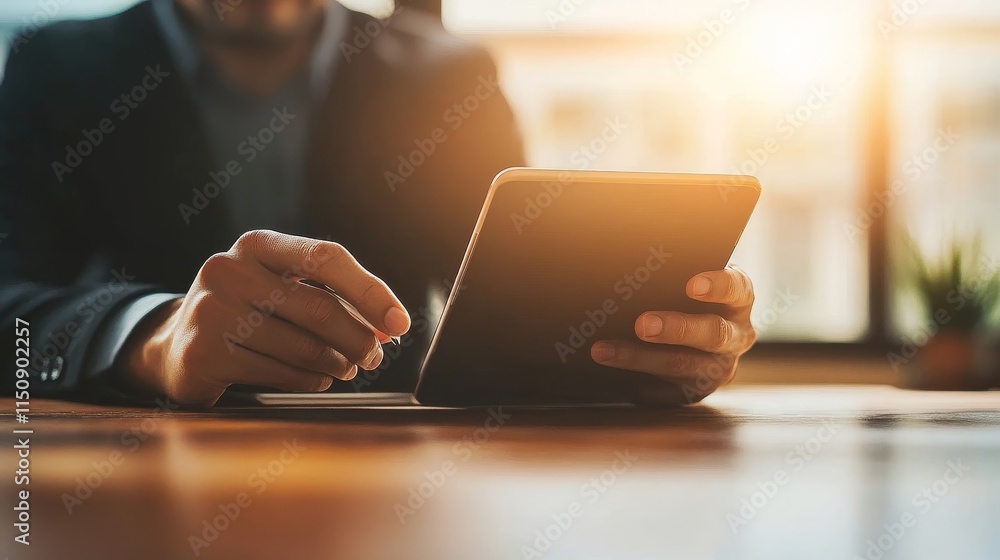 Aufkleber business professional using digital tablet in modern office setting with sunlight illuminating works