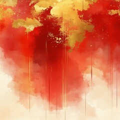 Painting of red and gold with splatters of paint