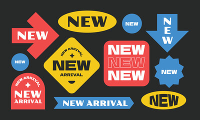 New arrival colorful labels, tags, stickers. Modern flat colorful style.