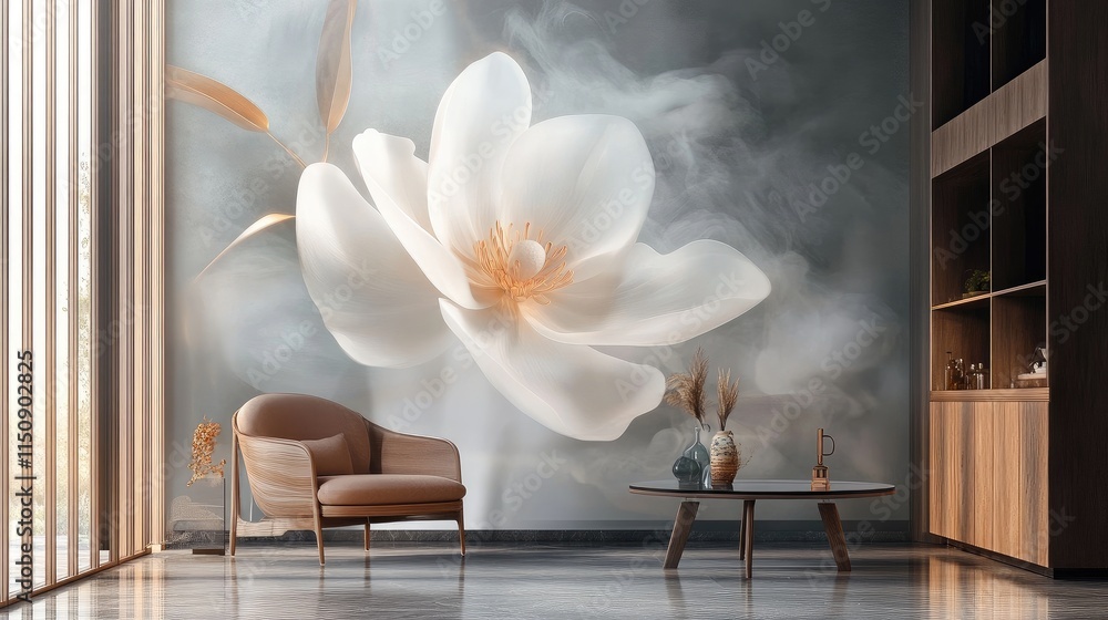 Poster close-up of a 3d wallpaper with a simple yet elegant flower design, surrounded by soft steam that ad