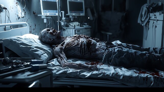 A zombie man is laying on a hospital bed with blood all over him