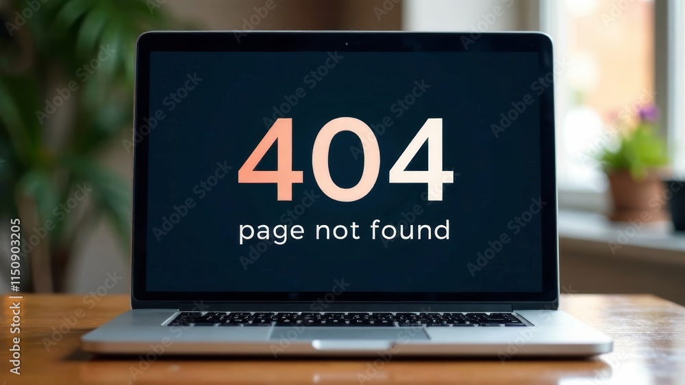 Poster a laptop displays a 404 page not found message on a dark background. sunlight filters through a wind