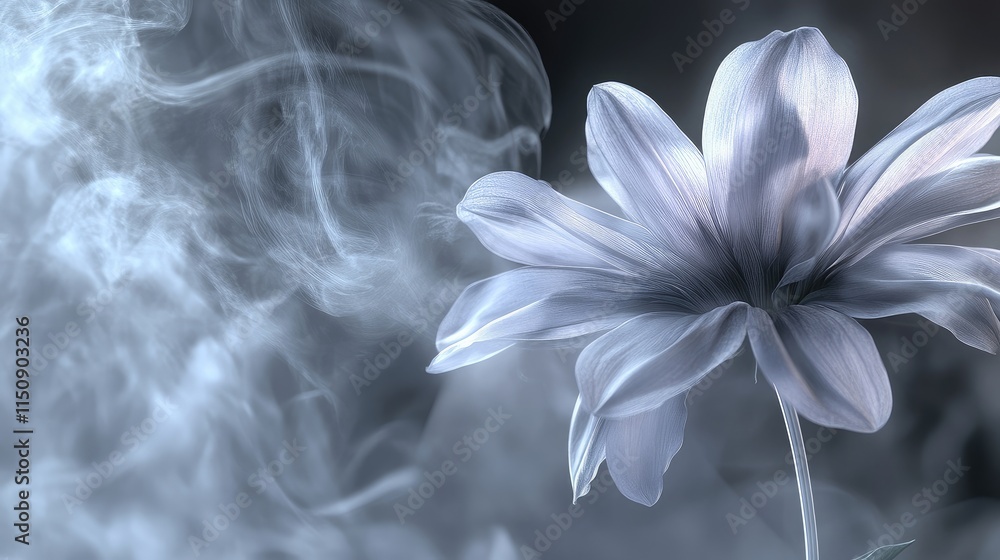 Poster close-up of a single flower on 3d wallpaper, with soft steam moving upward in a delicate pattern, ad