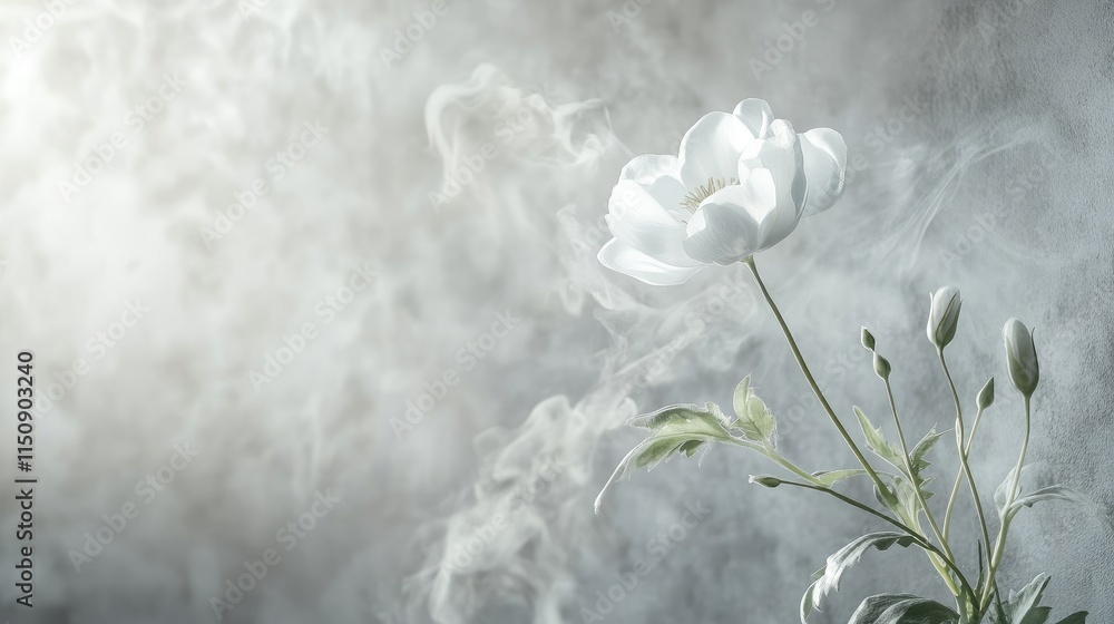 Poster close-up of a single flower on 3d wallpaper, with soft steam moving upward in a delicate pattern, ad