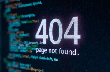 A digital error message reads 404 page not found against a backdrop of coding sequences. This signifies a broken or inaccessible link on a website. Code lines can be seen in the background.