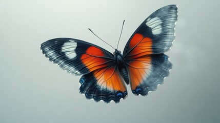 Obraz premium A vibrant orange and black butterfly with white accents, in flight against a soft grey background.