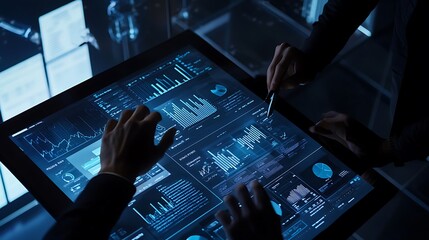 Two people are looking at a computer screen with lots of numbers and graphs