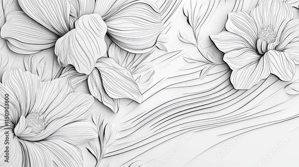 Poster close-up of detailed line art on 3d wallpaper with a light background, offering a minimalistic desig