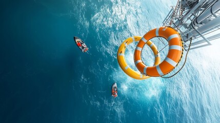 Aerial View of Lifebuoys and Rescue Boats in Turquoise Water with Wind Turbine Structure in Background, Emphasizing Maritime Safety and Emergency Response