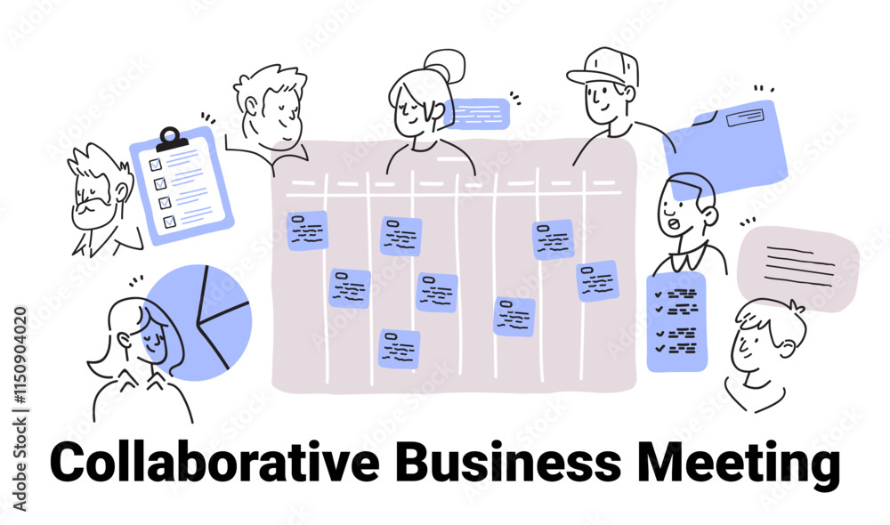 Aufkleber collaborative business meeting concept with people discussing tasks charts and notes in a minimalist
