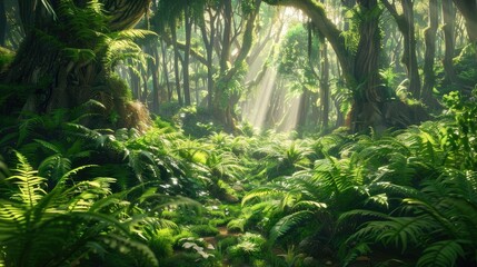 Lush ferns in a mystical forest clearing, sunlight streaming through trees
