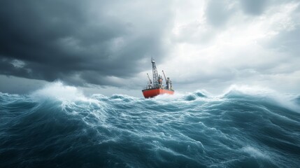 Dramatic Seascape with an Oil Rig Struggling Against Turbulent Waves and Dark Stormy Clouds in a Gloomy Sky, Capturing the Power of Nature's Elements