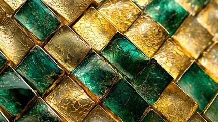 A close up of a green and gold tile pattern