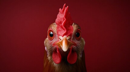 Intense Gaze: Close-up portrait of a hen against a deep red backdrop 