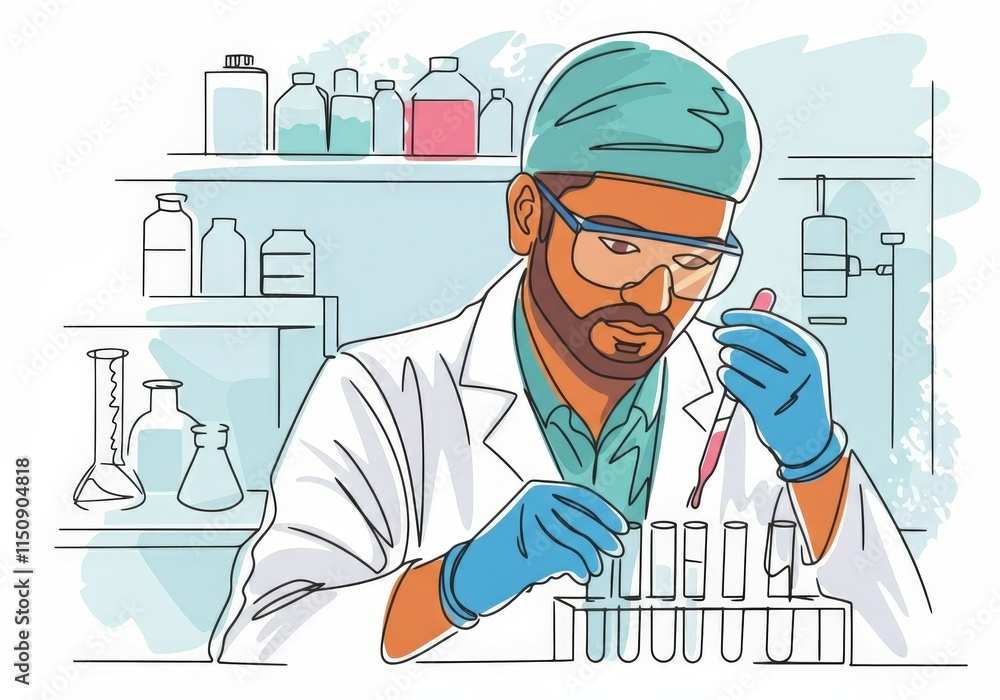 Poster scientist conducting experiments in a laboratory with test tubes