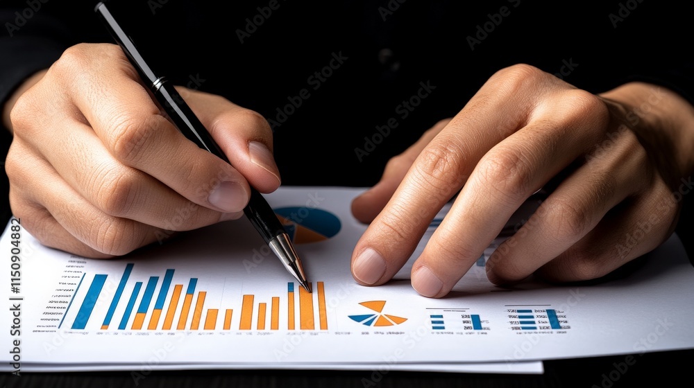 Poster strategic planning: close-up of hands meticulously analyzing financial charts and graphs, showcasing