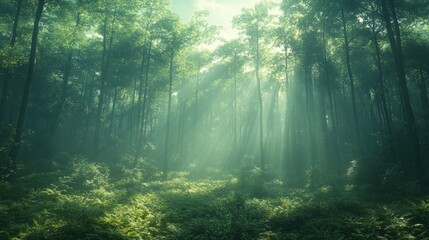 Obraz premium Sunbeams pierce misty, green forest.