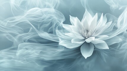 Obraz premium Elegant 3D wallpaper with a minimalist single flower design, surrounded by soft, wispy steam, evoking a tranquil ambiance.