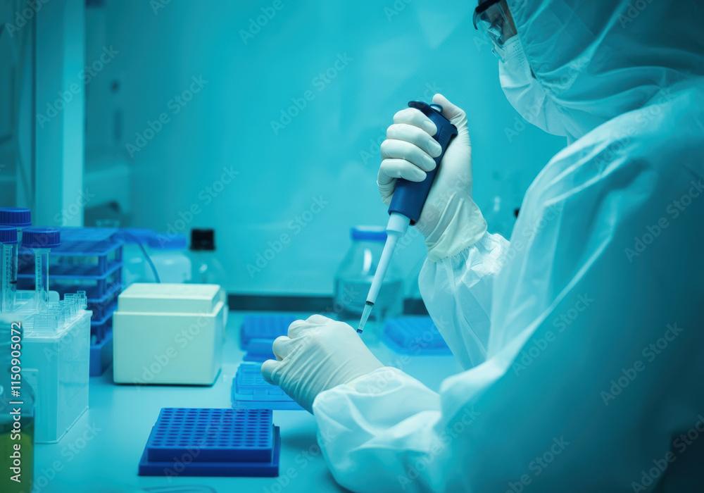 Poster scientist using a pipette in a laboratory for precise measurements