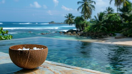 Obraz premium Coconut shell bowl filled with ice, by infinity pool overlooking tropical ocean.