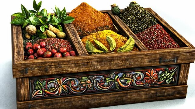 Colorful spice display in a wooden crate showcasing a variety of vibrant spices and herbs