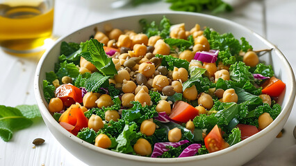 Delicious and healthy chickpea and kale salad with tomatoes and red cabbage.  Perfect for a light lunch or dinner.