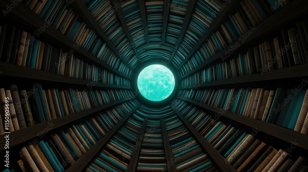 Poster futuristic library suspended in the void with books surrounding a glowing orb