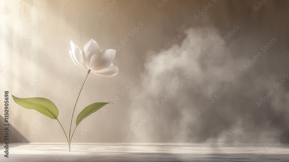 Poster minimalistic 3d wallpaper featuring a single delicate flower, surrounded by soft steam, creating a p