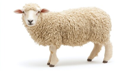 Fototapeta premium A fluffy sheep standing on a white background, showcasing its woolly coat.