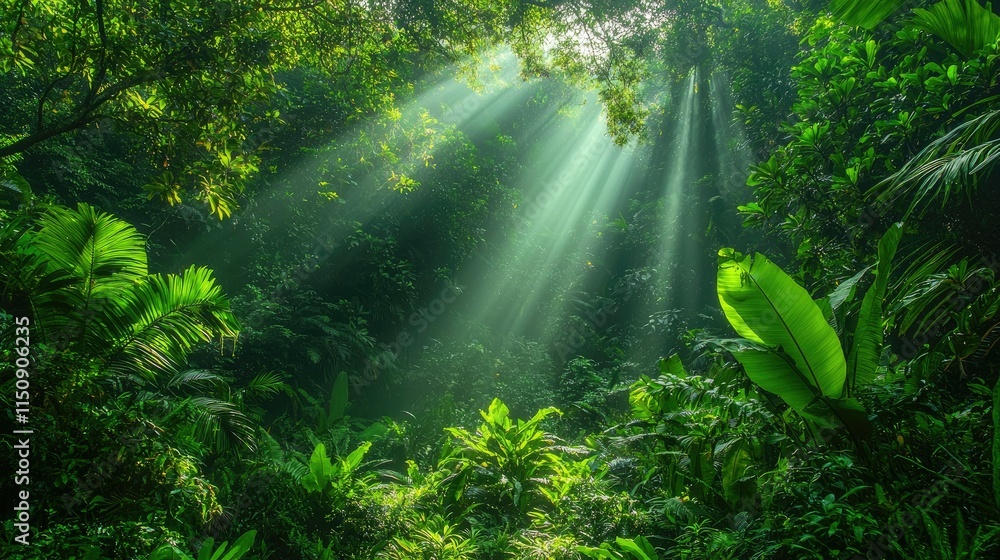 Poster lush jungle with sunlight filtering through trees, creating a serene atmosphere.