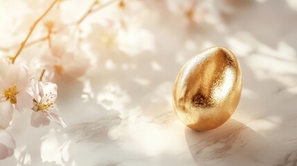 Obraz premium Single golden Easter egg with a metallic shine, placed on a light cream background with soft shadows for an elegant touch.