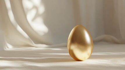 Fototapeta premium Single golden Easter egg with a metallic shine, placed on a light cream background with soft shadows for an elegant touch.
