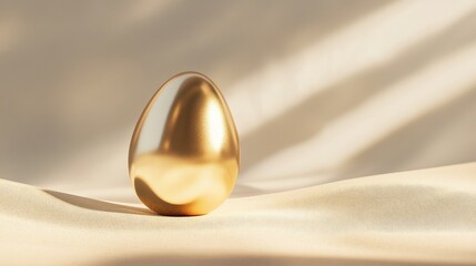 Obraz premium Single golden Easter egg with a metallic shine, placed on a light cream background with soft shadows for an elegant touch.
