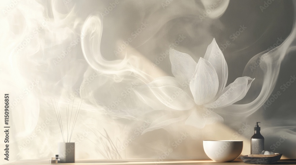 Poster soft steam rises around a 3d wallpaper featuring a subtle, single flower pattern, with light shadows