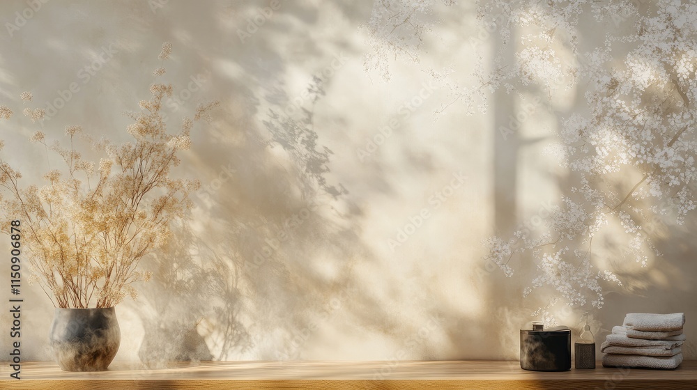 Poster soft steam rises around a 3d wallpaper featuring a subtle, single flower pattern, with light shadows