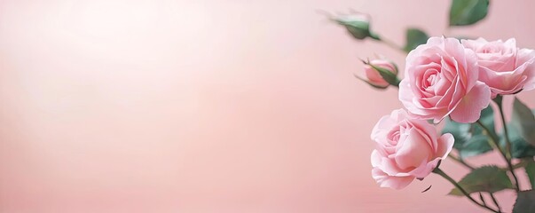 Fototapeta premium Minimal rose concept. Beautiful pink roses with green leaves against a soft pastel background.