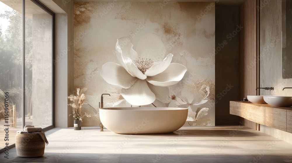 Poster soft steam surrounds a 3d wallpaper with an intricate single flower design, evoking calmness and tra