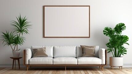 Minimalist interior with blank empty poster on wall, clean and elegant