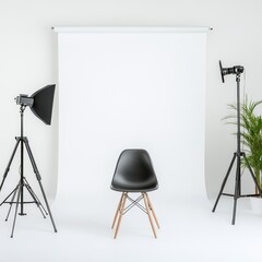 Minimalist Photography Studio Setup Featuring Black Chair, Softbox Lights, and Potted Plant Against White Background for Professional Portraits