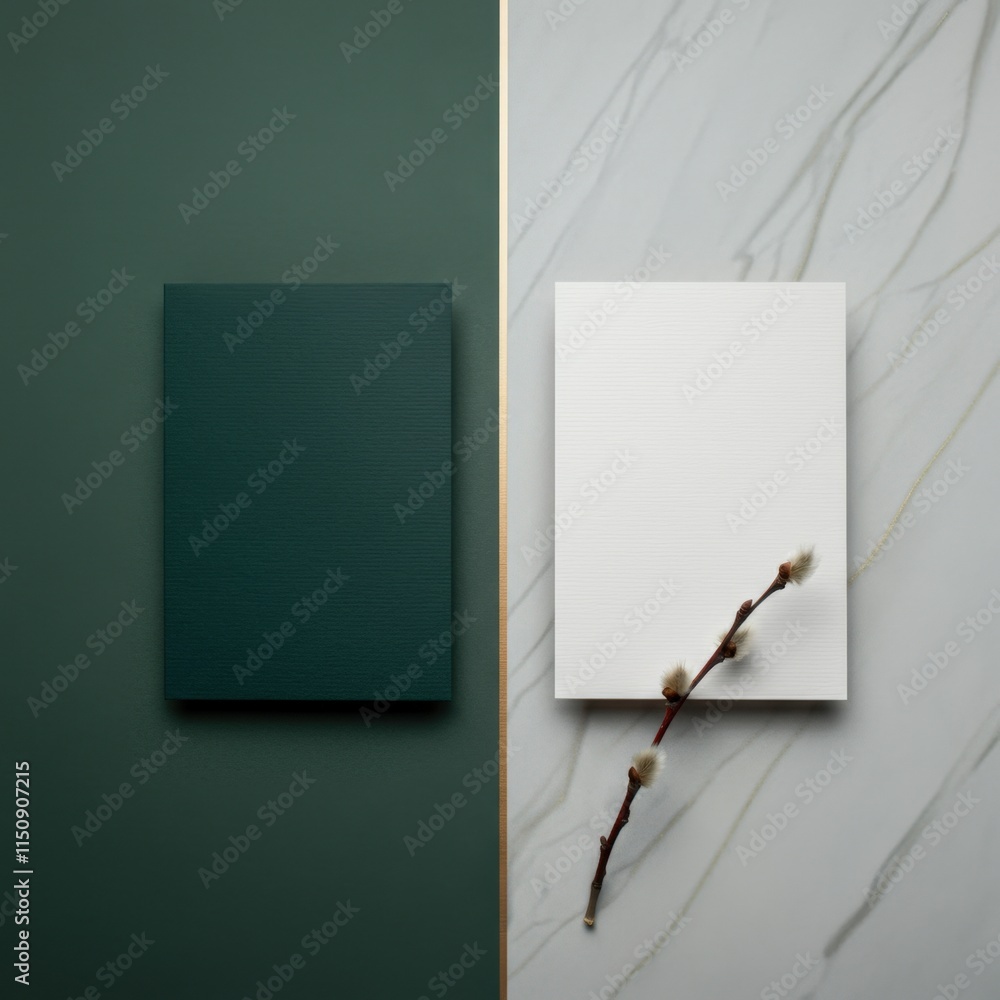 Poster minimalist design featuring a green and white notebook with a branch