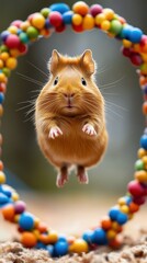 Fototapeta premium A playful guinea pig jumping through a colorful hoop, showcasing agility and fun.