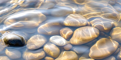 A serene view of beach pebbles partially submerged in clear shallow water, reflecting the beauty of nature by the coast