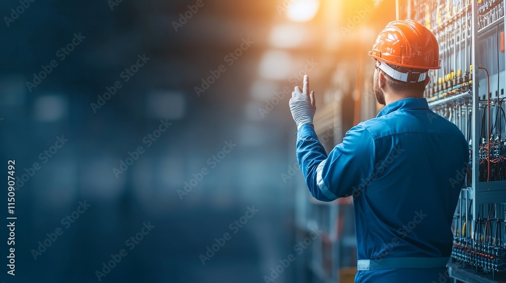 Poster industrial worker in safety gear using smartphone while monitoring control panel in modern factory e