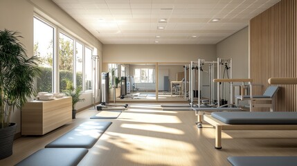 Fototapeta premium Bright, modern physiotherapy gym with equipment.