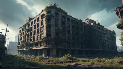 Abandoned city/building, post apocalyptic environment, matte painting/concept art resources, the end of the world, illustration, a world reclaimed by nature. Generative AI