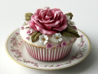 A beautifully decorated cupcake featuring a pink rose and delicate flowers on a plate.