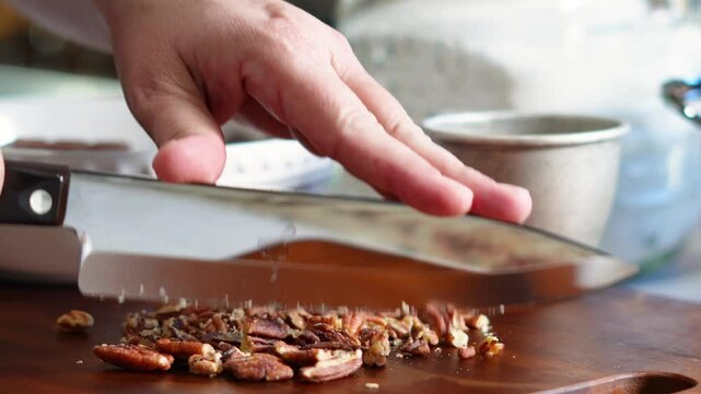 Making chocolate toffee bark with fresh roasted pecans for dessert.  Candy bark made of toffee, chocolate and nuts  broken up into pieces.