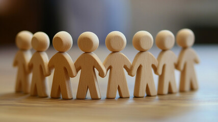 Group of Wooden Figurines Holding Hands in a Circular Formation Representing Unity and Togetherness in a Creative and Meaningful Way for Illustrating Community Values